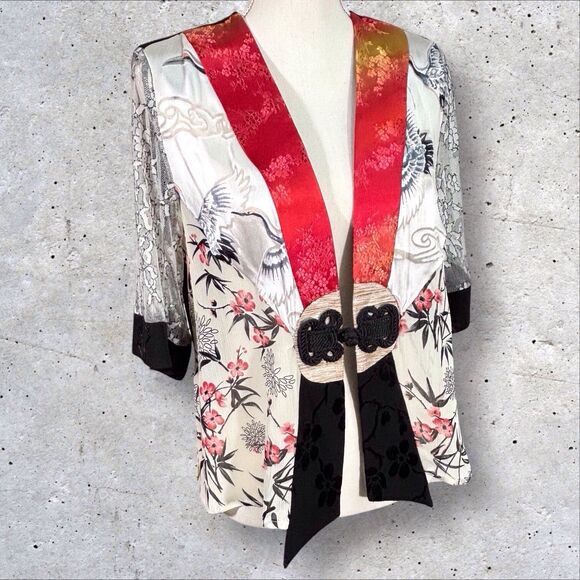 Spencer Alexis Asian Jacket Womens PL Birds Lace Sleeves Artsy Vintage Top - Picture 1 of 7